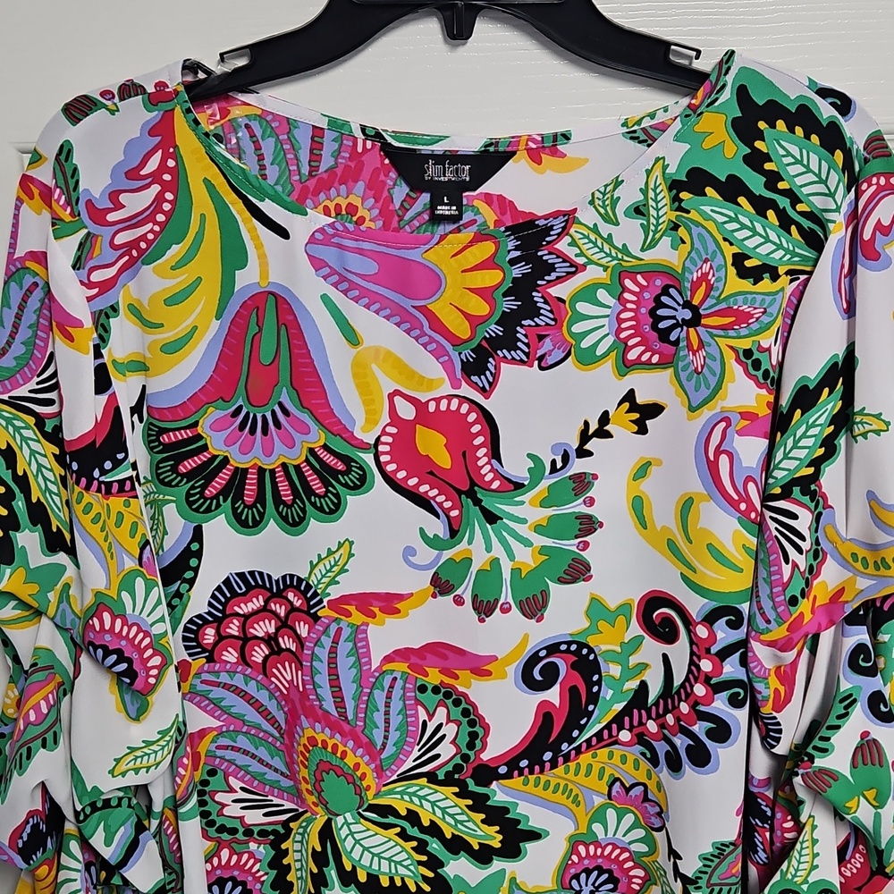 Slim Factor 3/4 Tiered Sleeve Boat Neck Blouse: White/multicolor Floral: Large - Picture 2 of 14